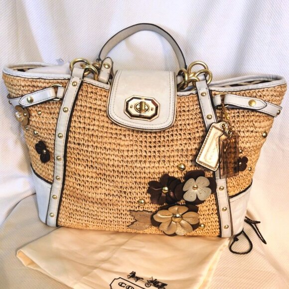 Coach Hamptons Large Natalie Raffia Straw & Leather Tea Roses Tote Bag GUC - Picture 14 of 16